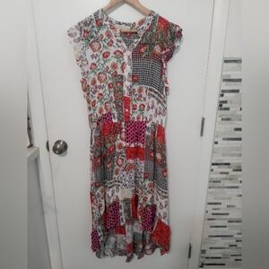 Fair Haven Patchwork Peasant Short ruffle sleeve Stretch waist lined Midi Dress